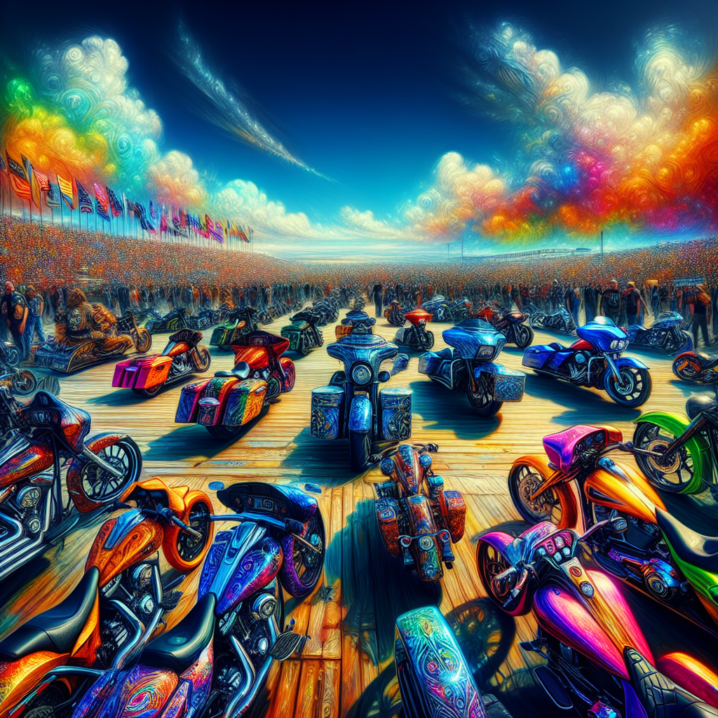 A vibrant scene of a bustling motorcycle gathering with various models and colors under a clear sky.