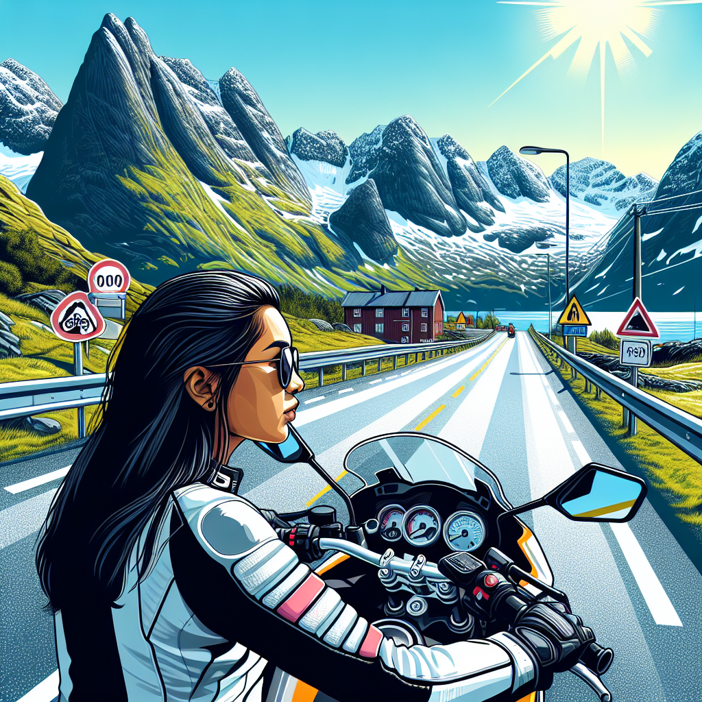 A visualization of a motorcycle rider safely navigating a scenic Norwegian road, with mountains in the background and a clear sky.
