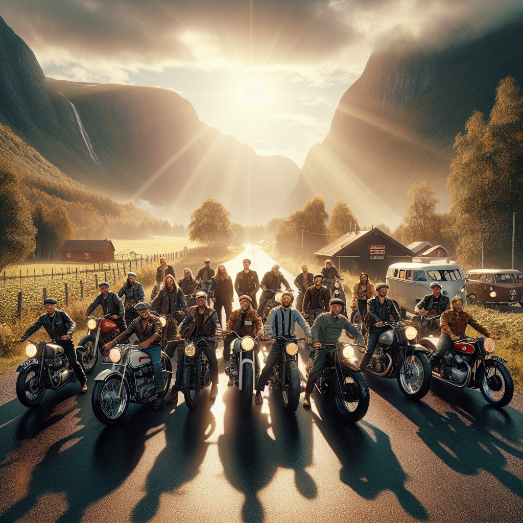 Gruppe motorsyklister samlet ved en landevei i solskinn, blanding av klassiske og moderne sykler, vennlig samhold, norske fjell i bakgrunnen, varm og realistisk stil