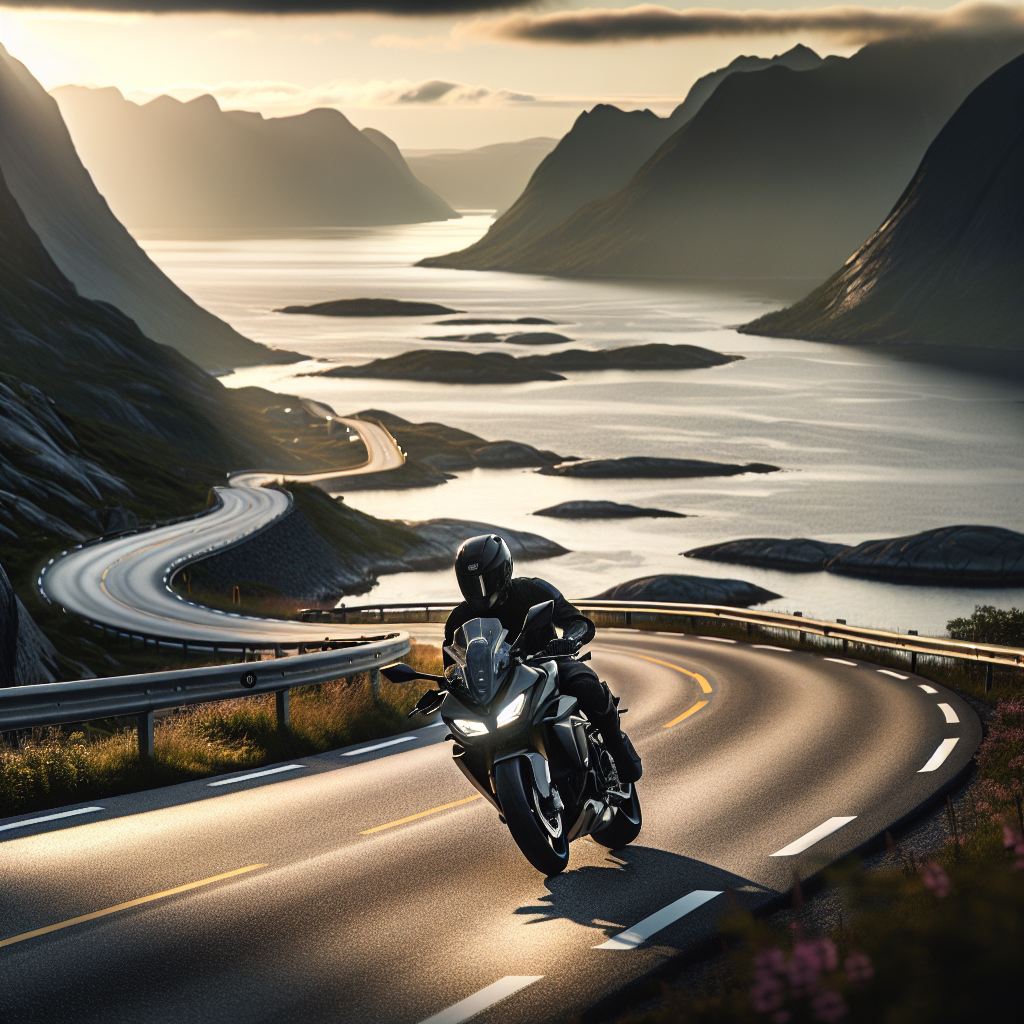 Motorsykkel på svingete norsk kystvei ved fjord, tidlig morgen med mykt lys, syklist i sikker utstyr, dramatisk natur og bølgende fjell i bakgrunnen