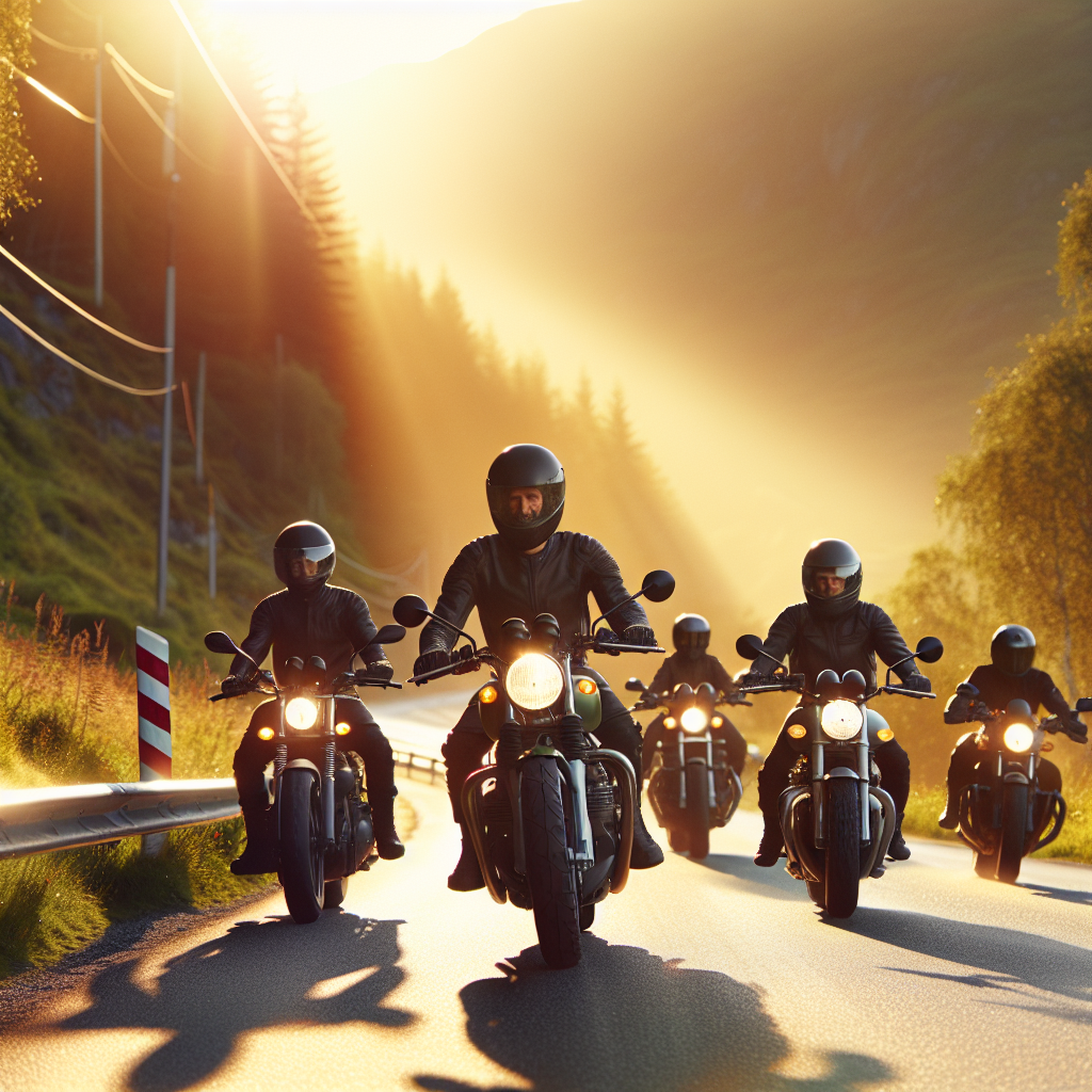 En gruppe motorsyklister på en norsk landevei i sollys, vennlig samhold, realistisk foto-stil