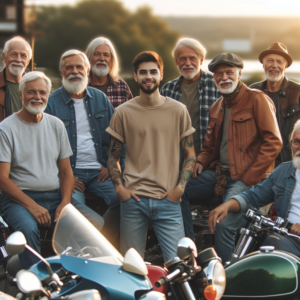 En inkluderende gruppe motorsyklister i varierende alder samlet ved et møtested, vennlig atmosfære, realistisk foto, naturlig lys