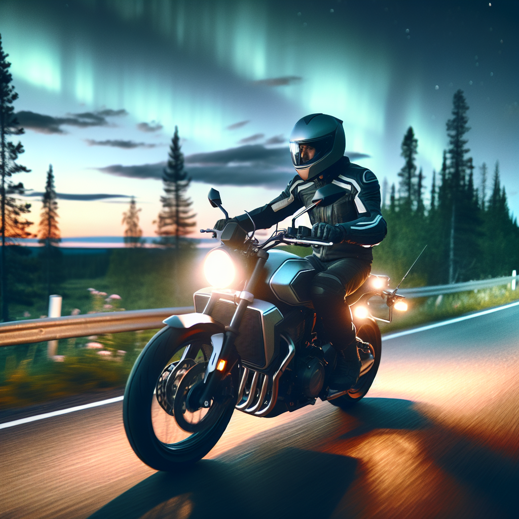 En motorsyklist i bevegelse på landevei, fokus på korrekt kjørestilling, tydelig lys og synlige reflekser, realistisk nordisk lys, klar luft