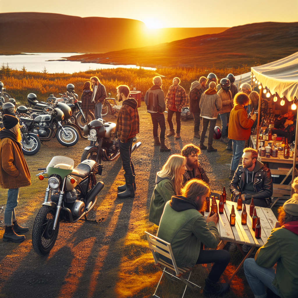 Et vennlig motorsykkeltreff i nordisk landskap ved solnedgang: sykler parkert, stands med folk som prater, realistisk fotografisk stil, varm atmosfære