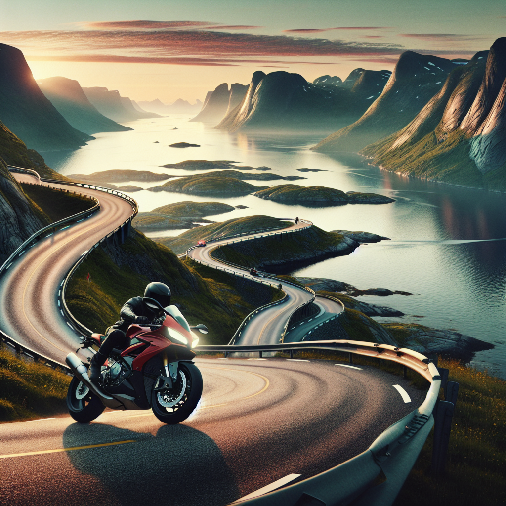 Motorsykkel på en svingete norsk kystvei ved soloppgang, fjorder i bakgrunnen, fører i sikker kjøreutrustning, realistisk og stemningsfullt