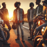 Gruppe motorsyklister ved veikanten ved solnedgang, mangfoldig gruppe, varme farger, vennskap og trygghet, moderne MC-klubb-atmosfære