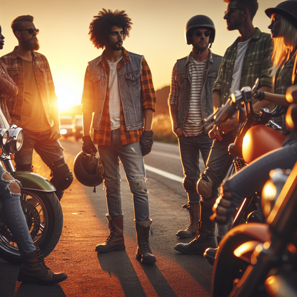 Gruppe motorsyklister ved veikanten ved solnedgang, mangfoldig gruppe, varme farger, vennskap og trygghet, moderne MC-klubb-atmosfære